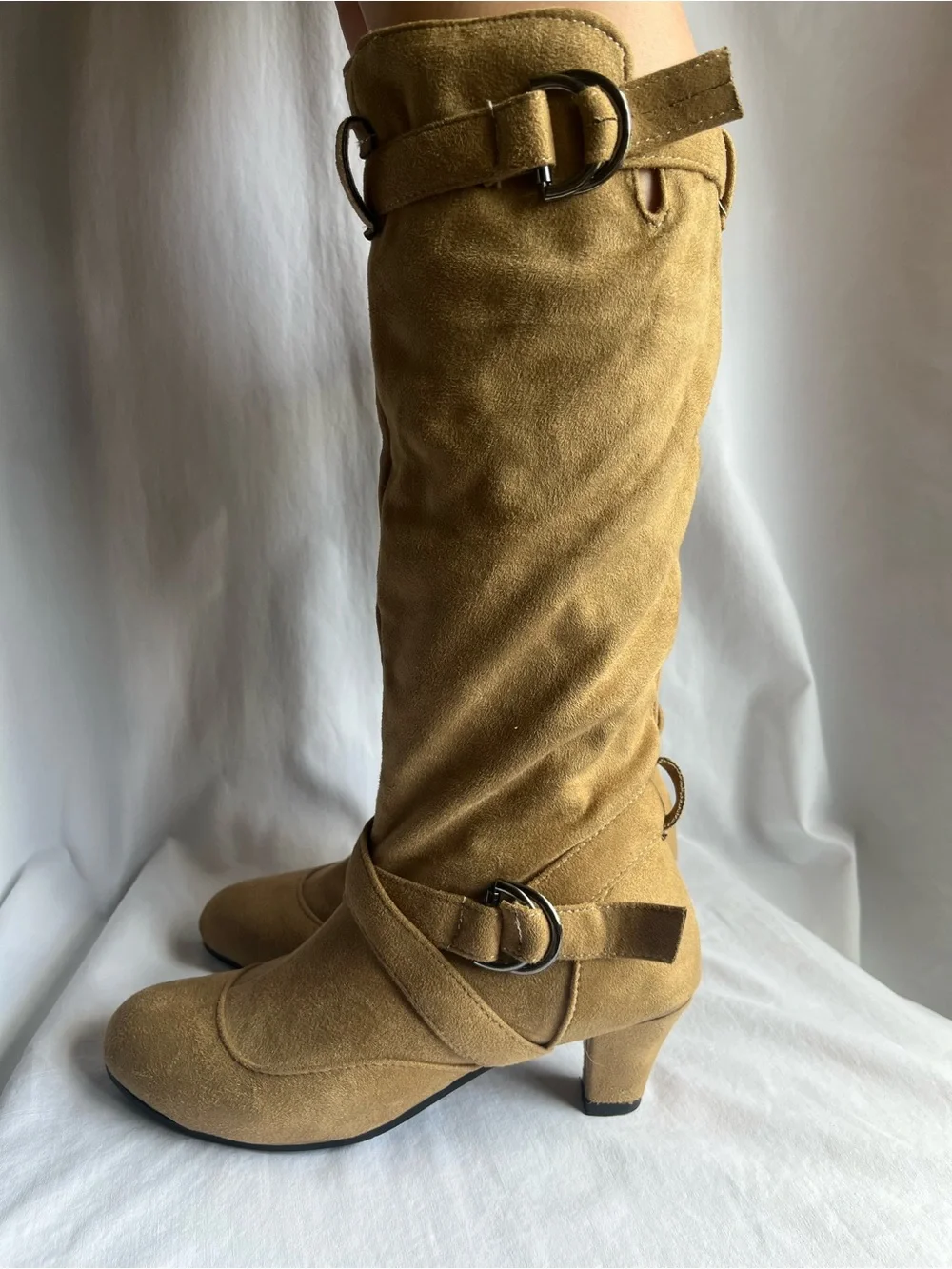 Women's Knee-High faux Suede Buckle Boots in Tan